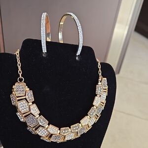 Elegant Gold, Gray and clear rhinestone Necklace and Earring Set